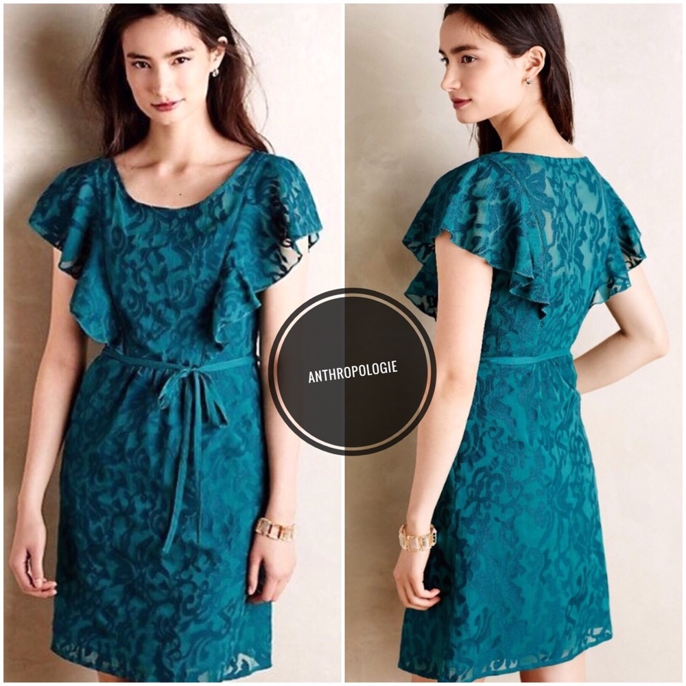 Anthropologie Moulinette Soeurs Teal Flutter Sleeve Scrollwork Dress